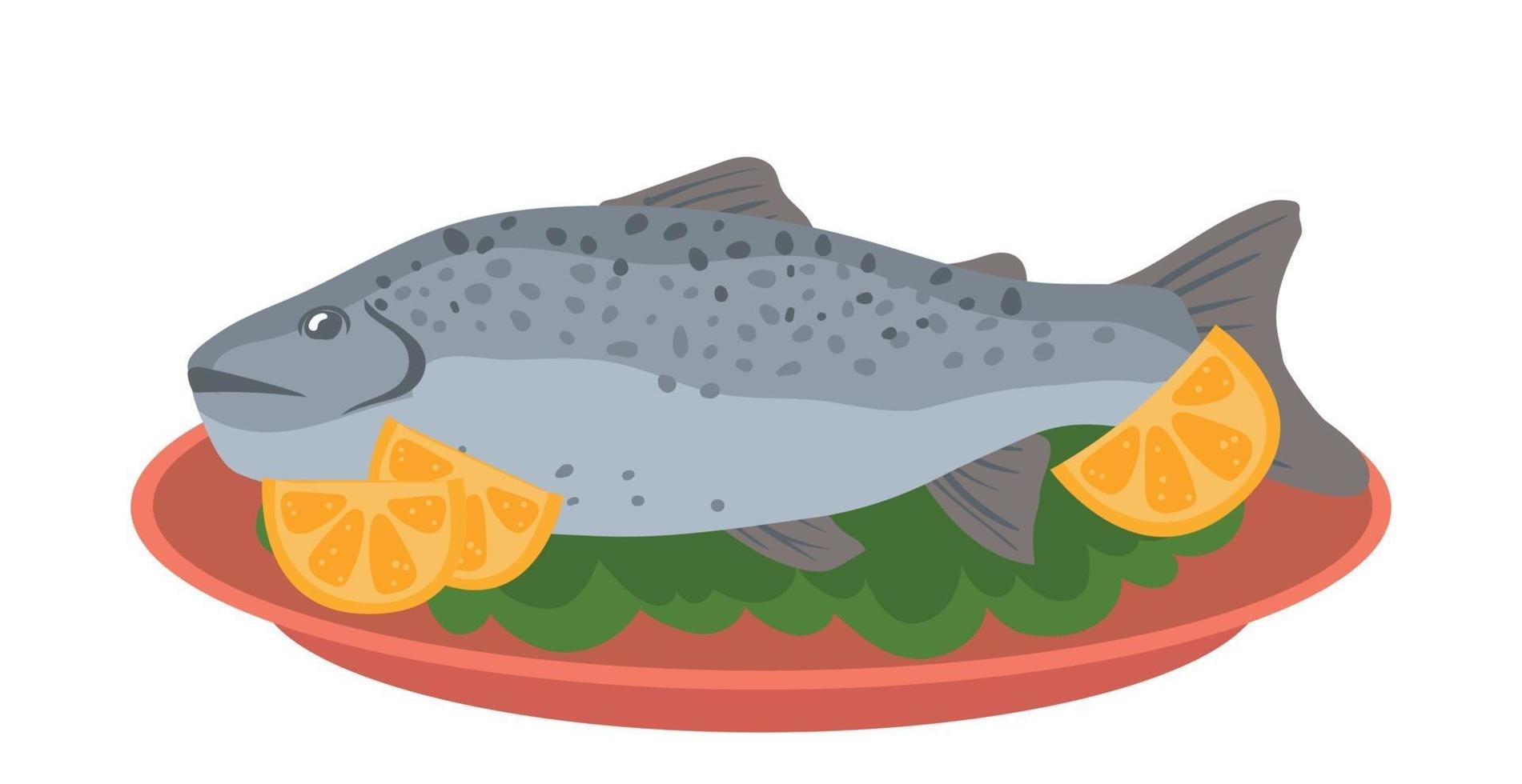 Fresh baked fish with lemon slices - Vector