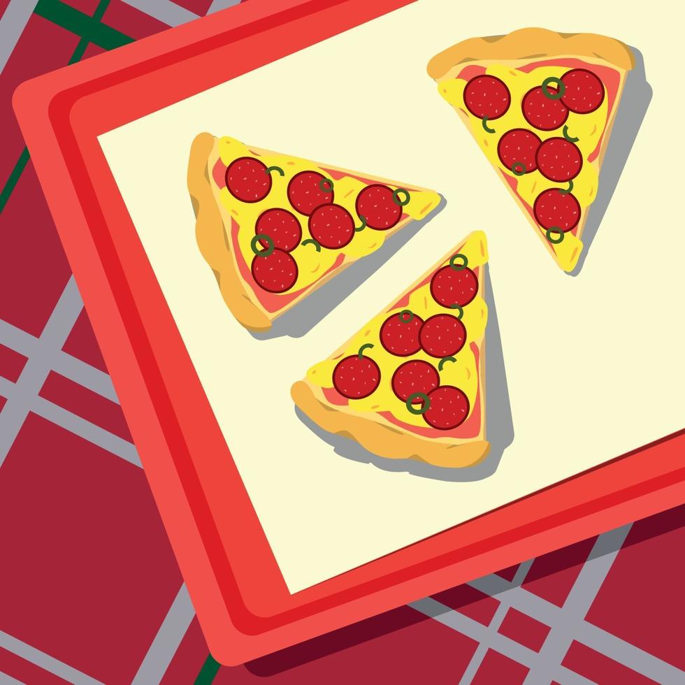 Pizza lying on a tray, checkered tablecloth - Vector