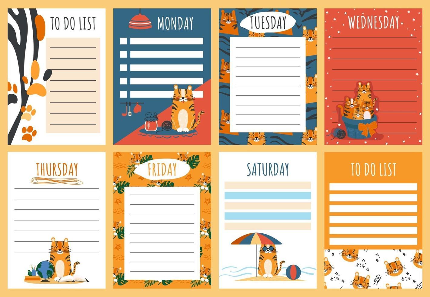 Sheets template for organizer with elements of a cartoon tiger vector