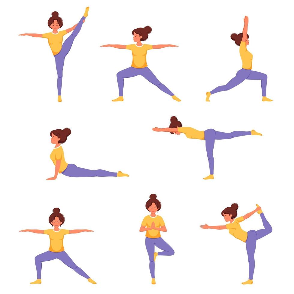 mujer haciendo yoga. conjunto de posturas de yoga. estilo de vida saludable, bienestar vector