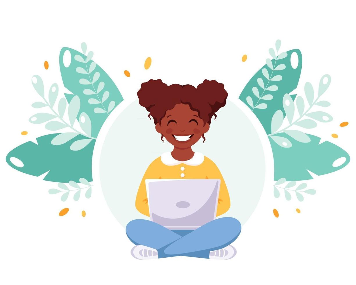 African american girl studying with computer. Online learning vector