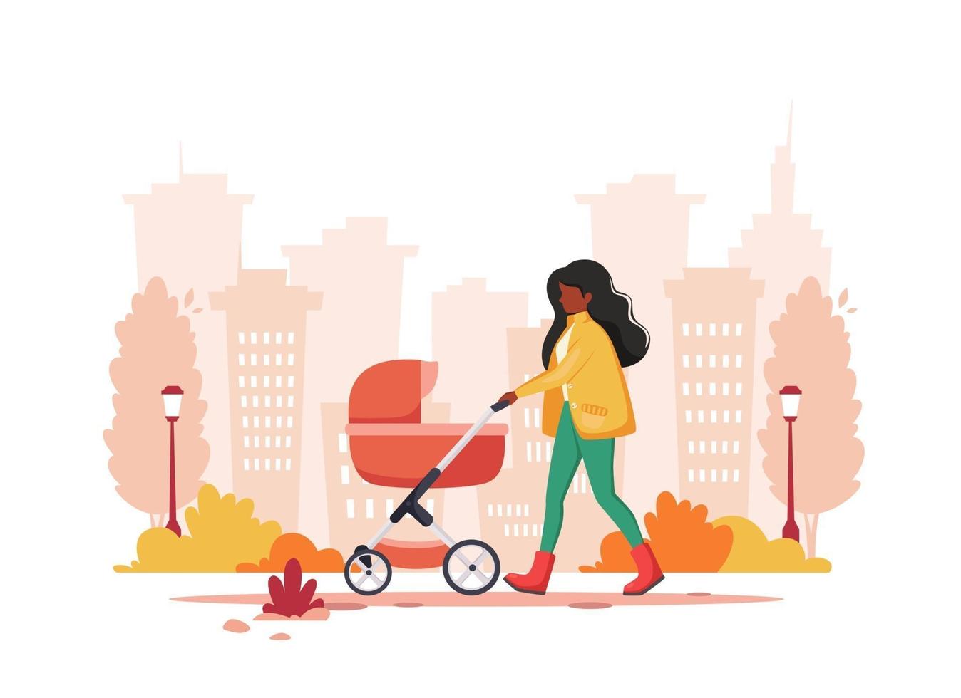 Black woman walking with baby carriage in autumn park vector