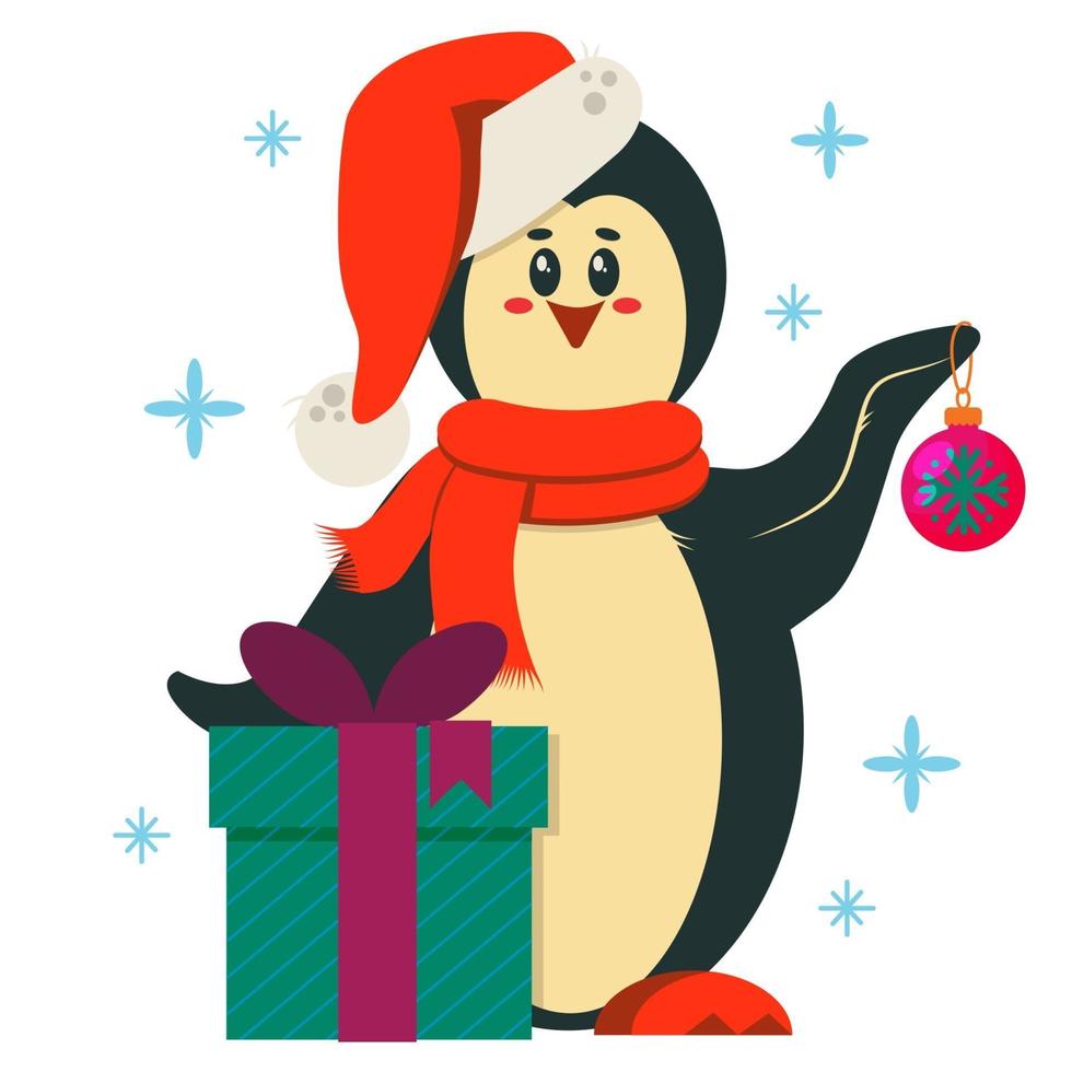 Cute christmas penguin with scarf and red cap carrying a gift box. vector