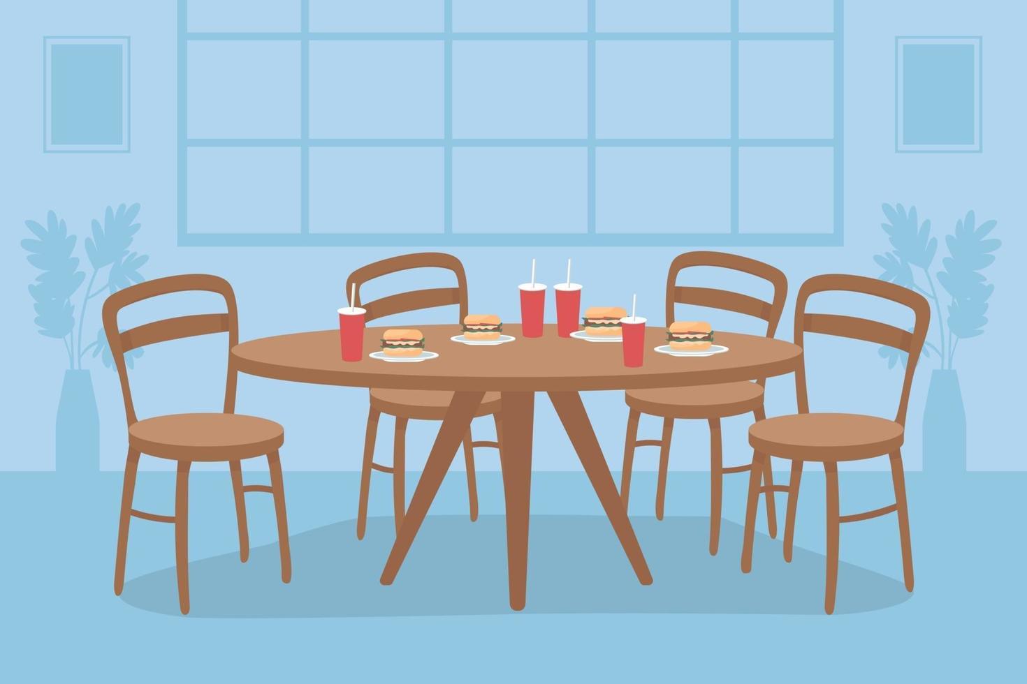 Table with fast food flat color vector illustration