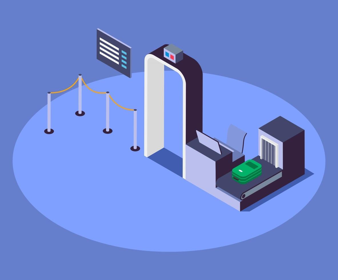 Ilustración de vector de color isométrico de puesto de control de seguridad del aeropuerto