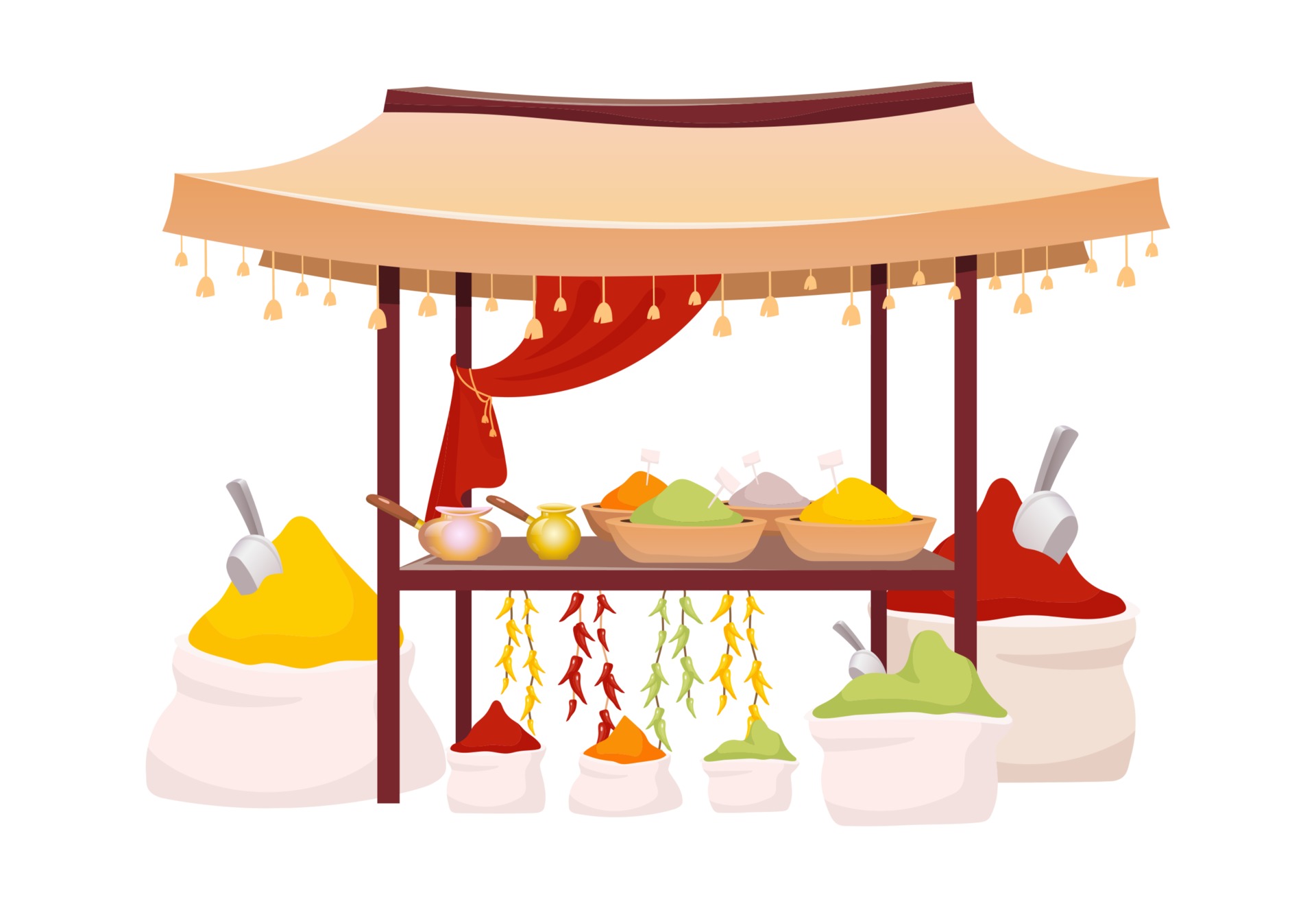 Indian bazaar tent with spices and herbs cartoon vector illustration