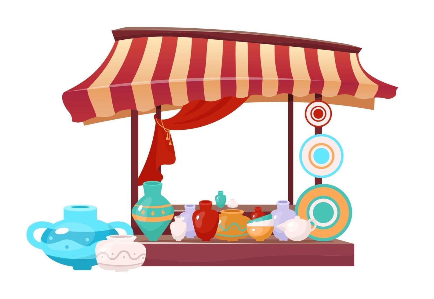 Bazaar awning with handmade ceramics cartoon vector illustration