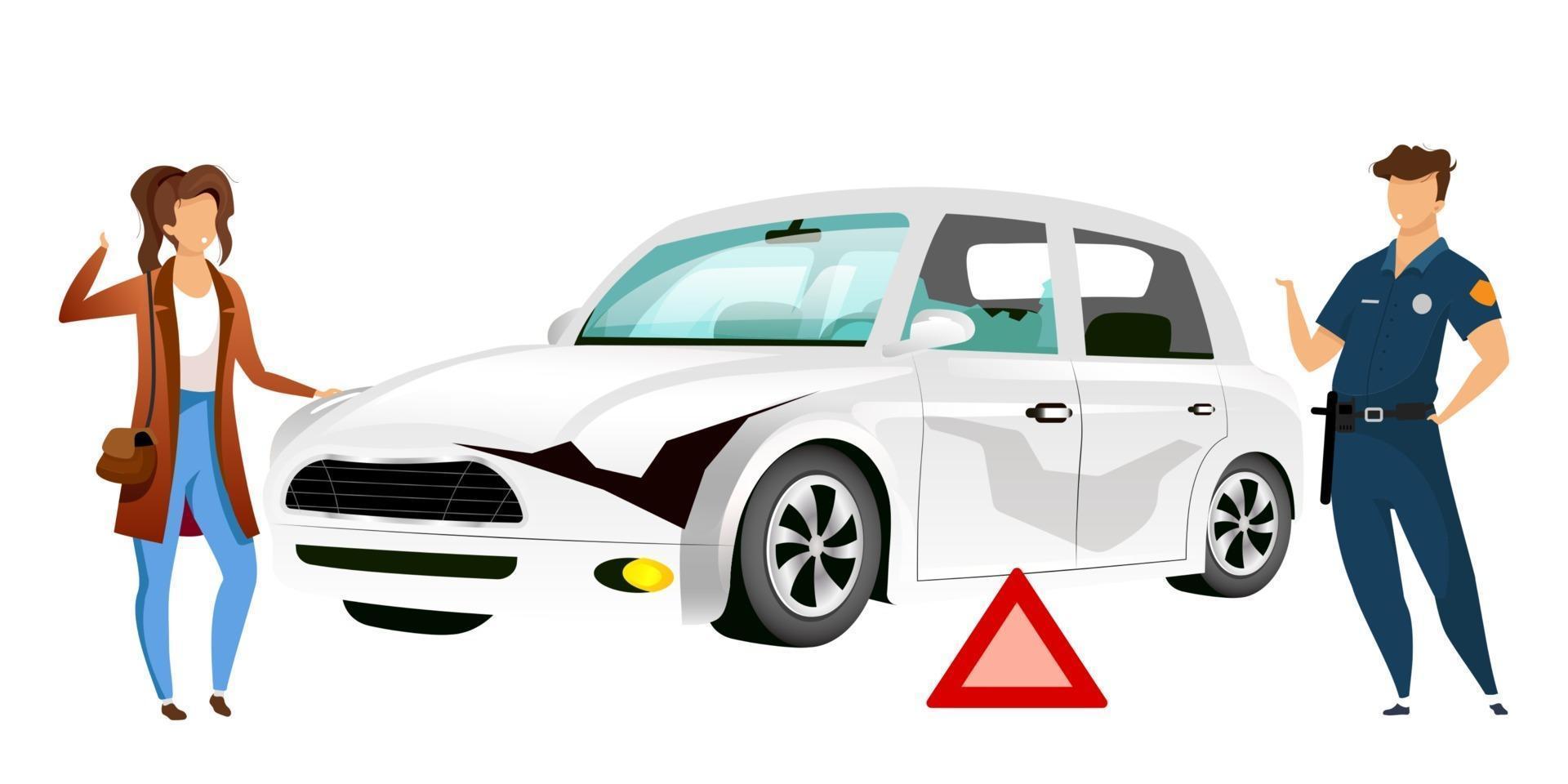 People by broken car flat color vector faceless characters