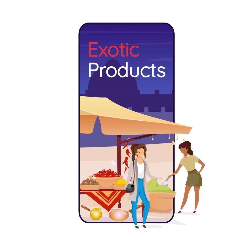 Exotic products cartoon smartphone vector app screen