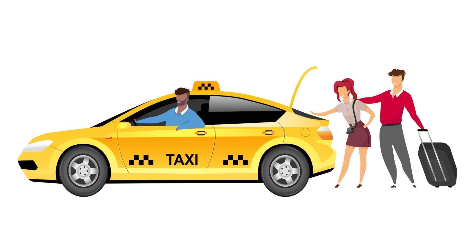 Taxi driver with clients flat color vector faceless characters