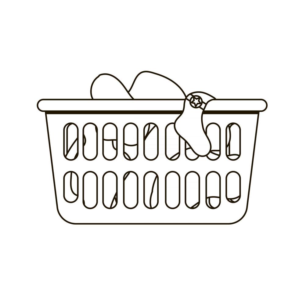 Thin line icon of loundry basket with dirty clothes. Black and white vector