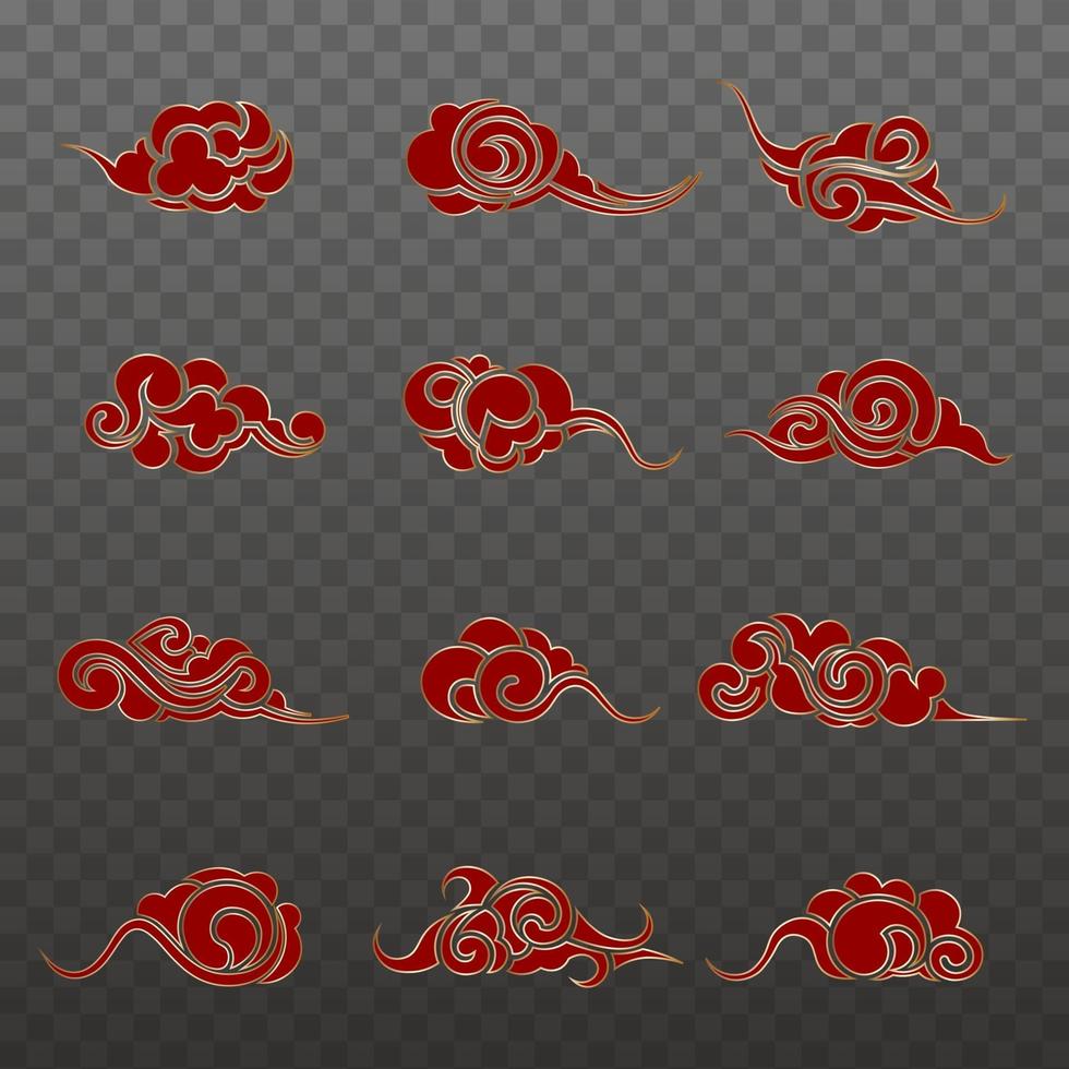 set of isolated chinese clouds. red and gold clouds. vector