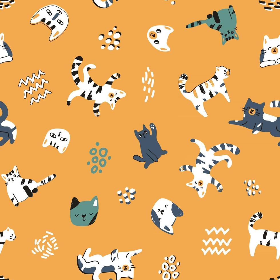 Cute cat kitten seamless pattern on yellow background vector
