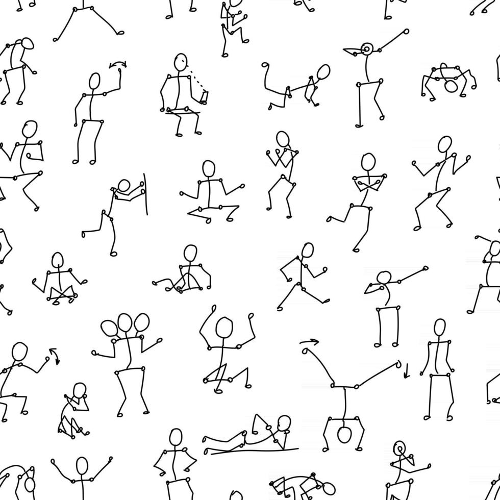 vector black line seamless pattern of stick people in different poses