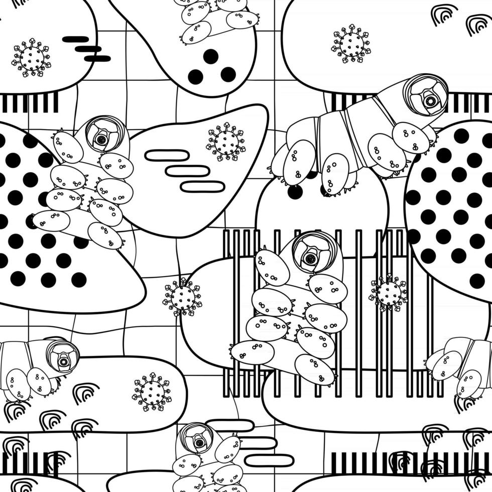 Black white Tardigrade, water bears or moss piglets seamless pattern vector