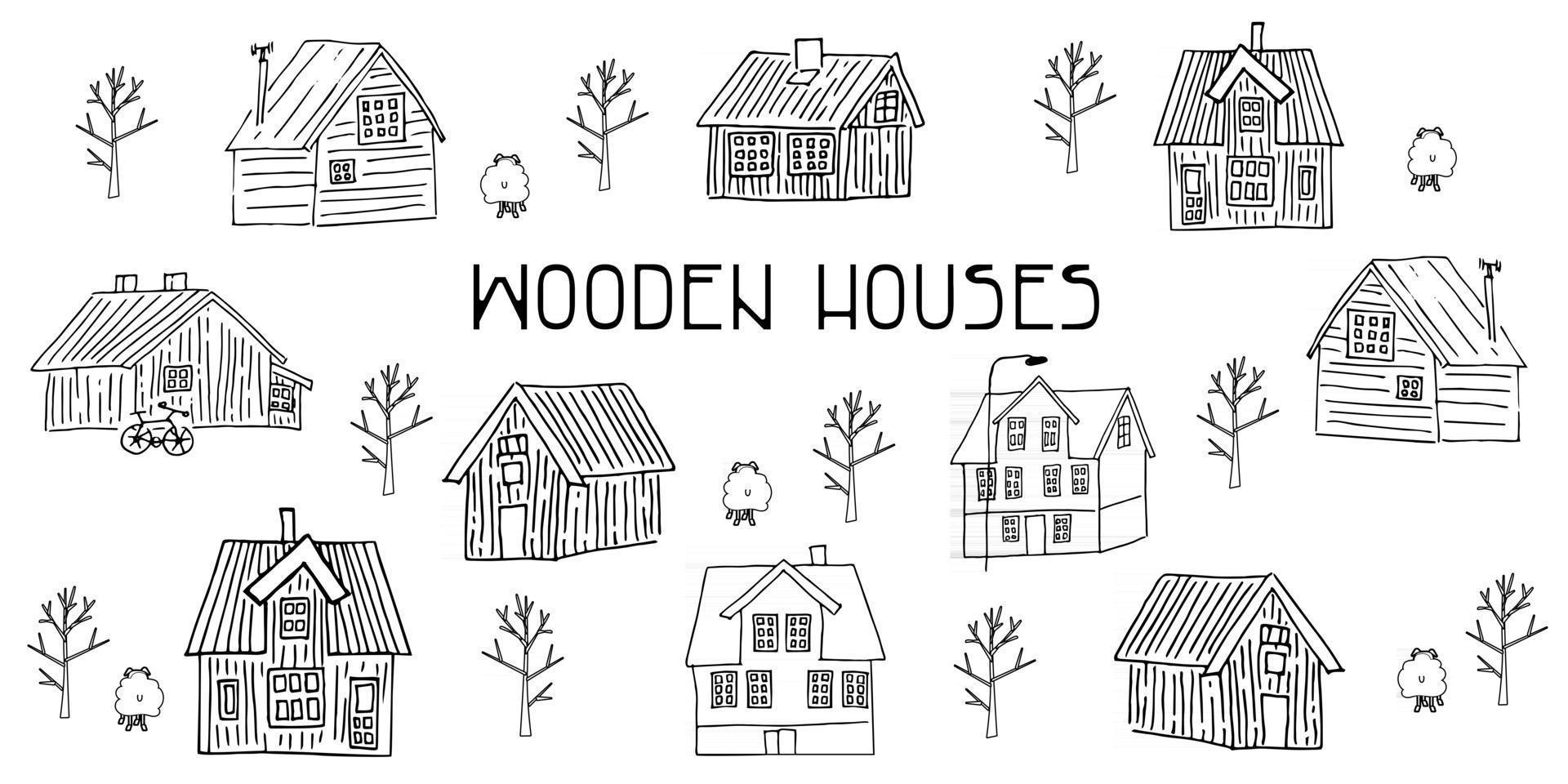 Set of Black and white wooden Scandinavian houses for coloring book vector