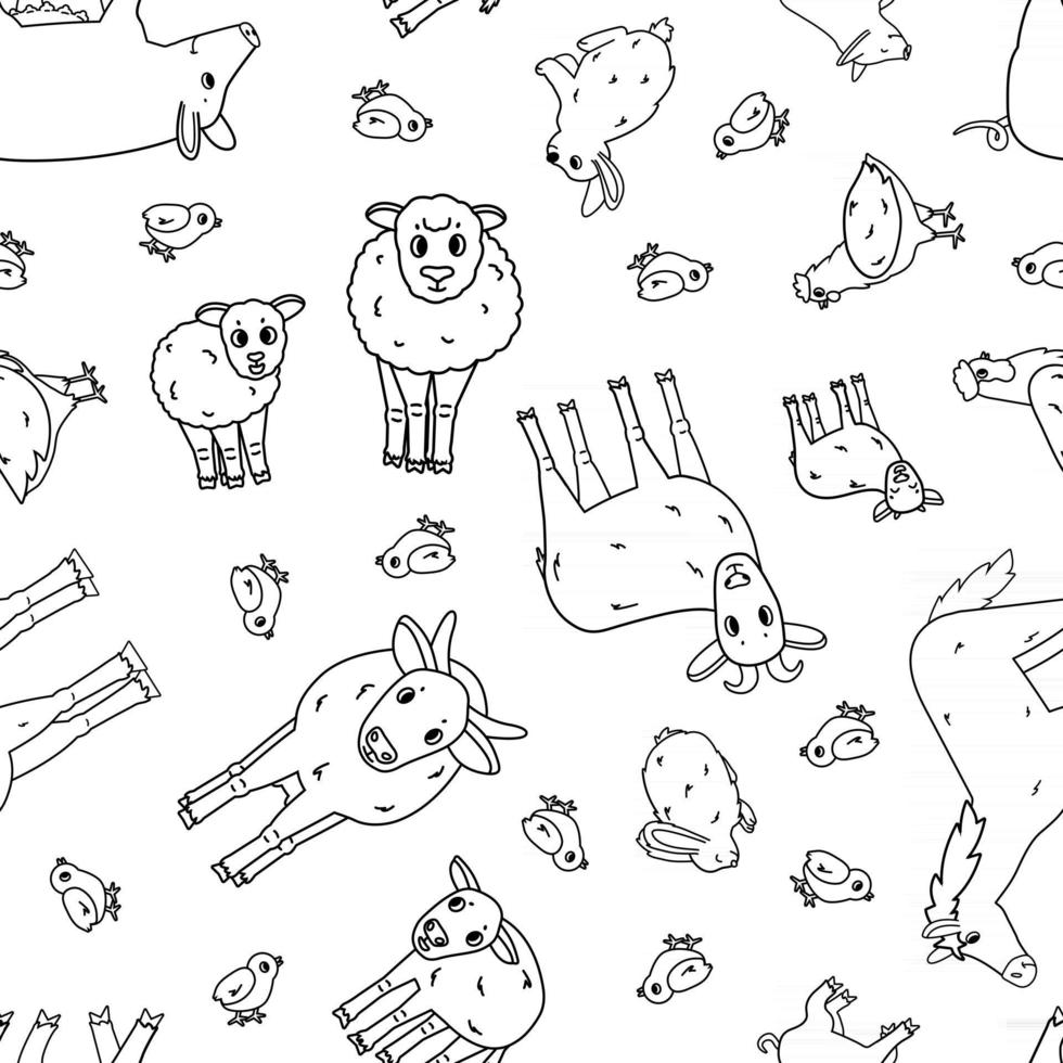 Black white Seamless pattern of doodle vector cartoon farm animals