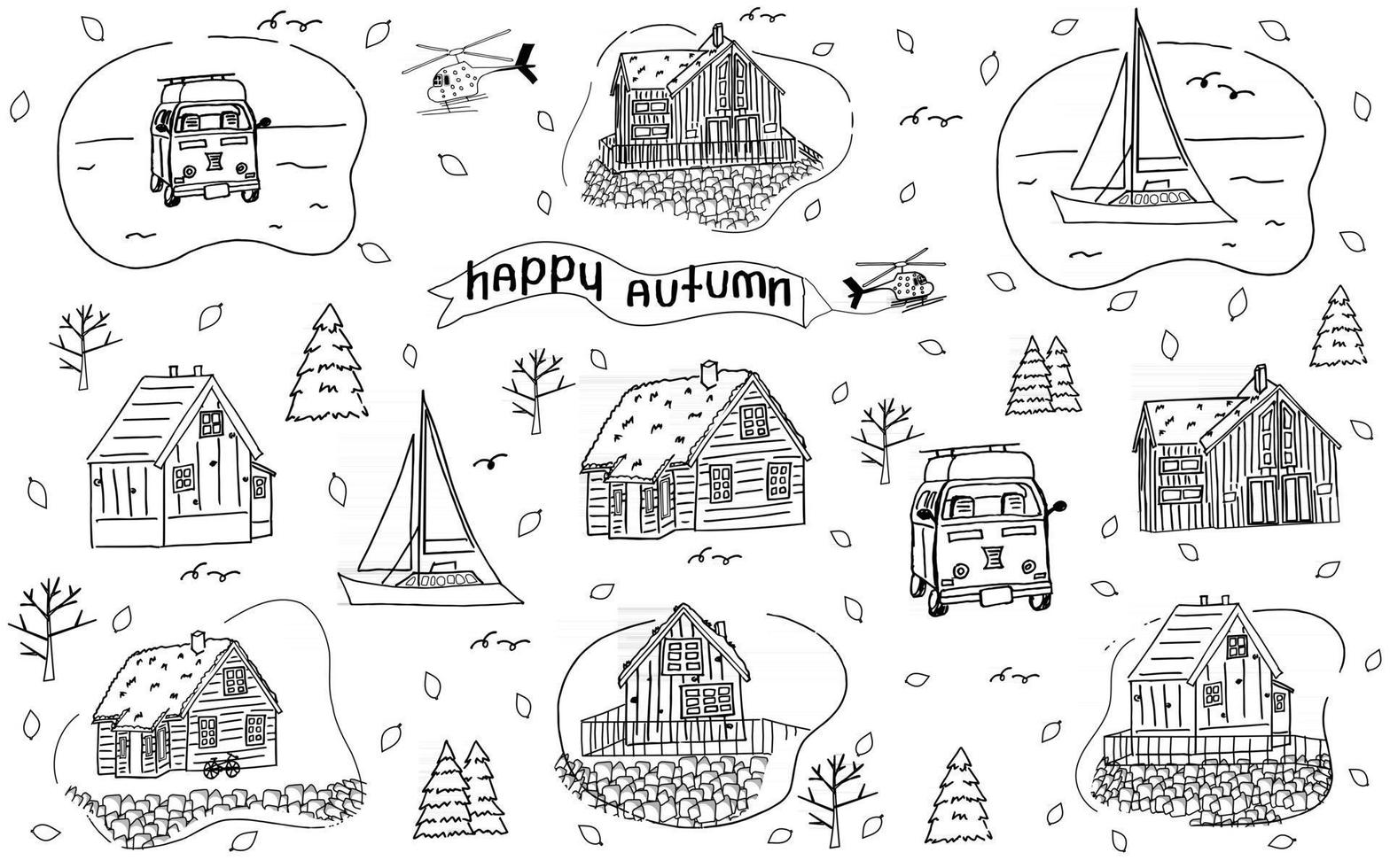 Set of Black and white wooden Scandinavian houses, camper, yacht, boat vector
