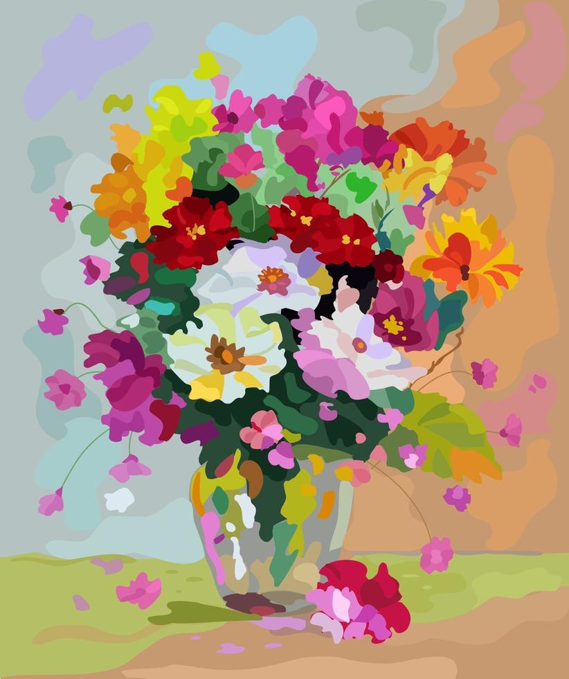 un ramo de flores en un jarrón sobre la mesa. pintura por números. vector