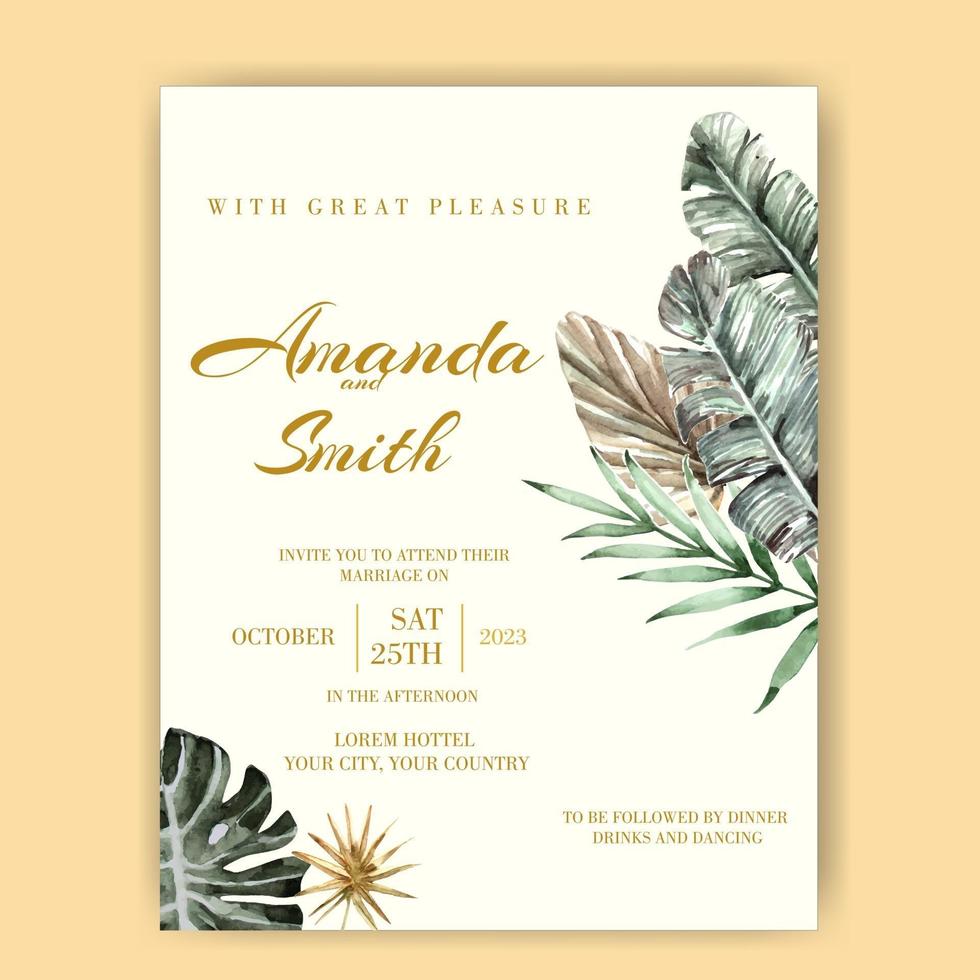 Watercolor cover tropical leaves Invitation Wedding vector