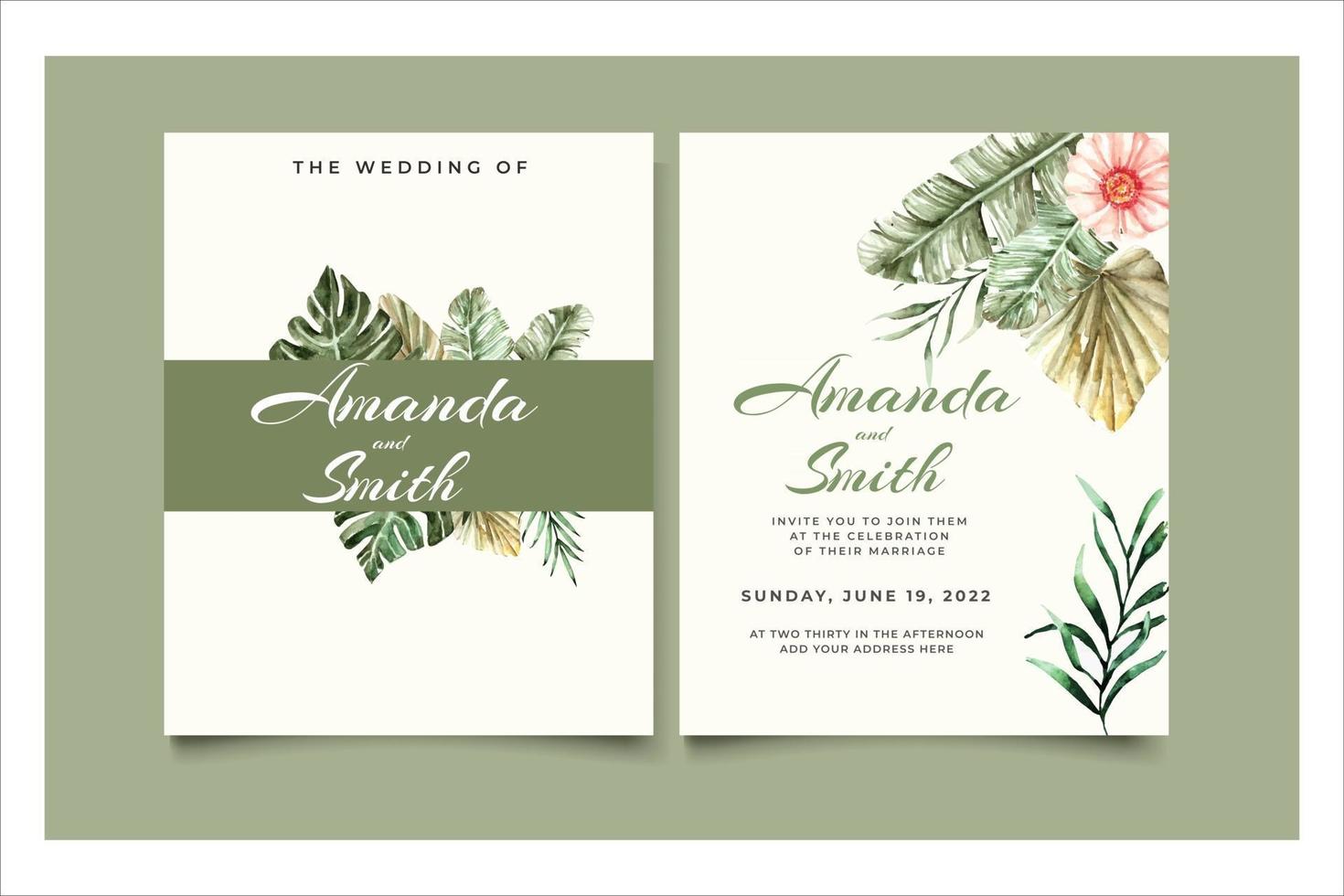 Watercolor greenary tropical leaves Invitation Wedding vector