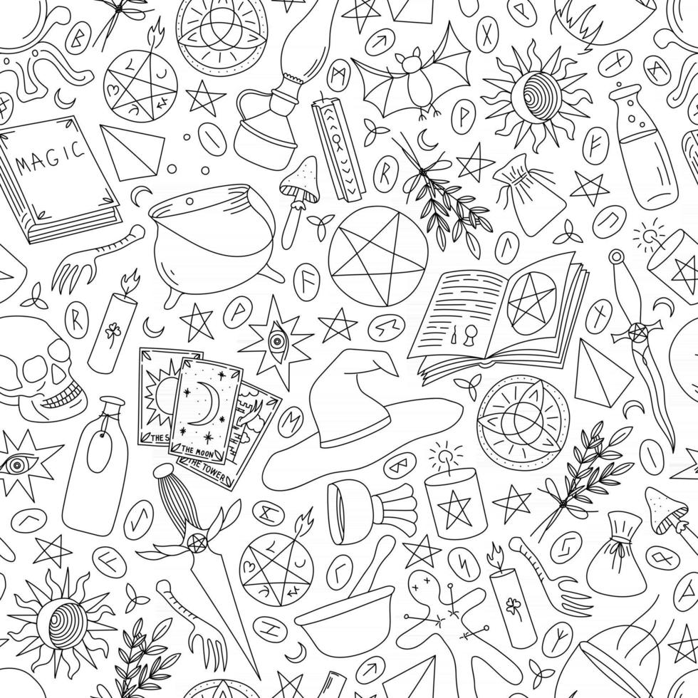 WHITE SEAMLESS BACKGROUND WITH SILHOUETTES OF OBJECTS FOR MAGIC vector