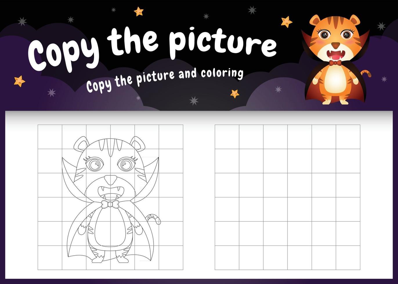 Copie la imagen del juego para niños y la página para colorear con un tigre lindo vector