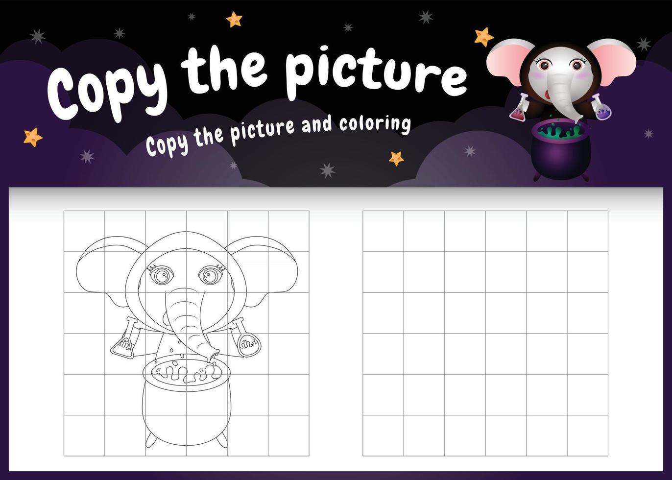 Copie la imagen del juego para niños y la página para colorear con un lindo elefante vector