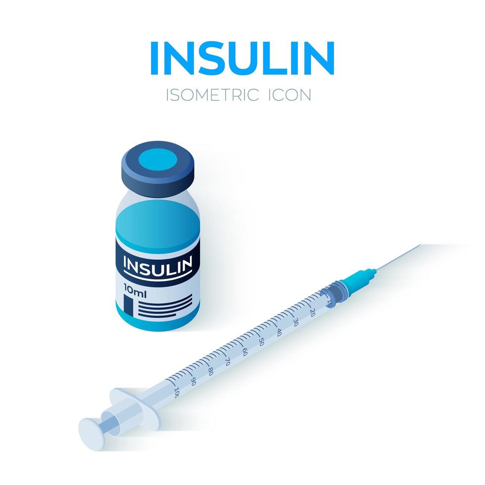 Insulin Vial and Disposable Syringe isometric icon. Insulin ampule. vector