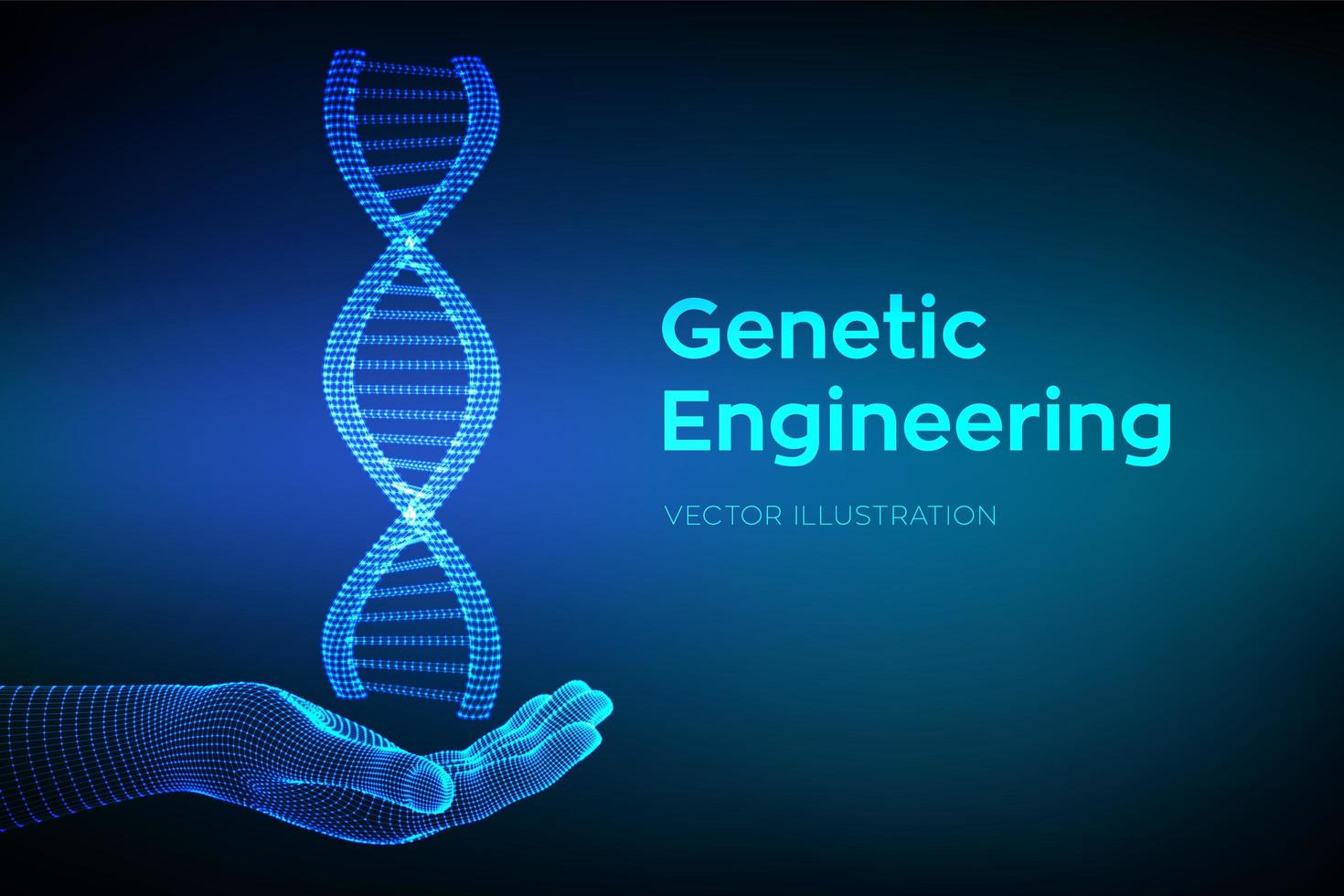 secuencia de adn en la mano. Malla de estructura de moléculas de adn de estructura metálica. vector