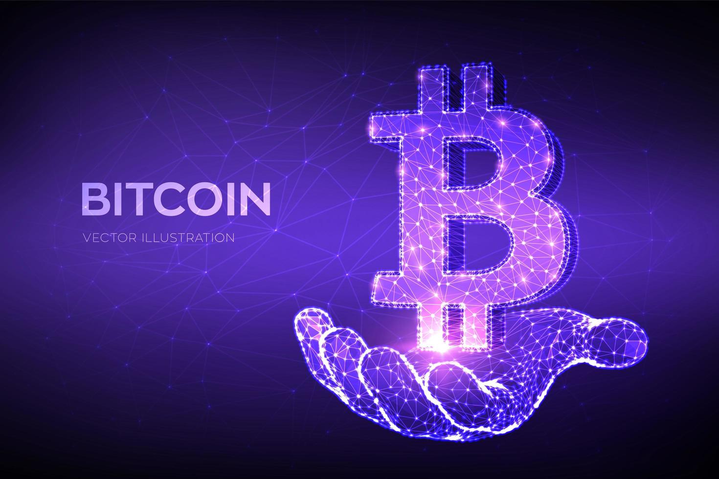 Bitcoin. Low poly abstract mesh line and point Bitcoin sign in hand. vector