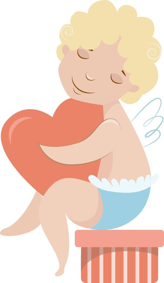 Cupid with heart sitting on a box with a gift vector