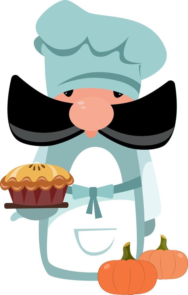 chef with pumpkin pie and pumpkins vector