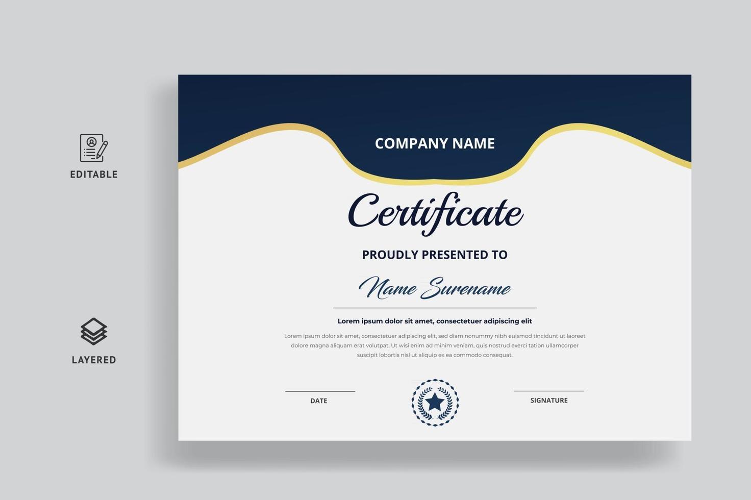 Plantilla de certificado con insignia, plantilla de vector de color azul y dorado