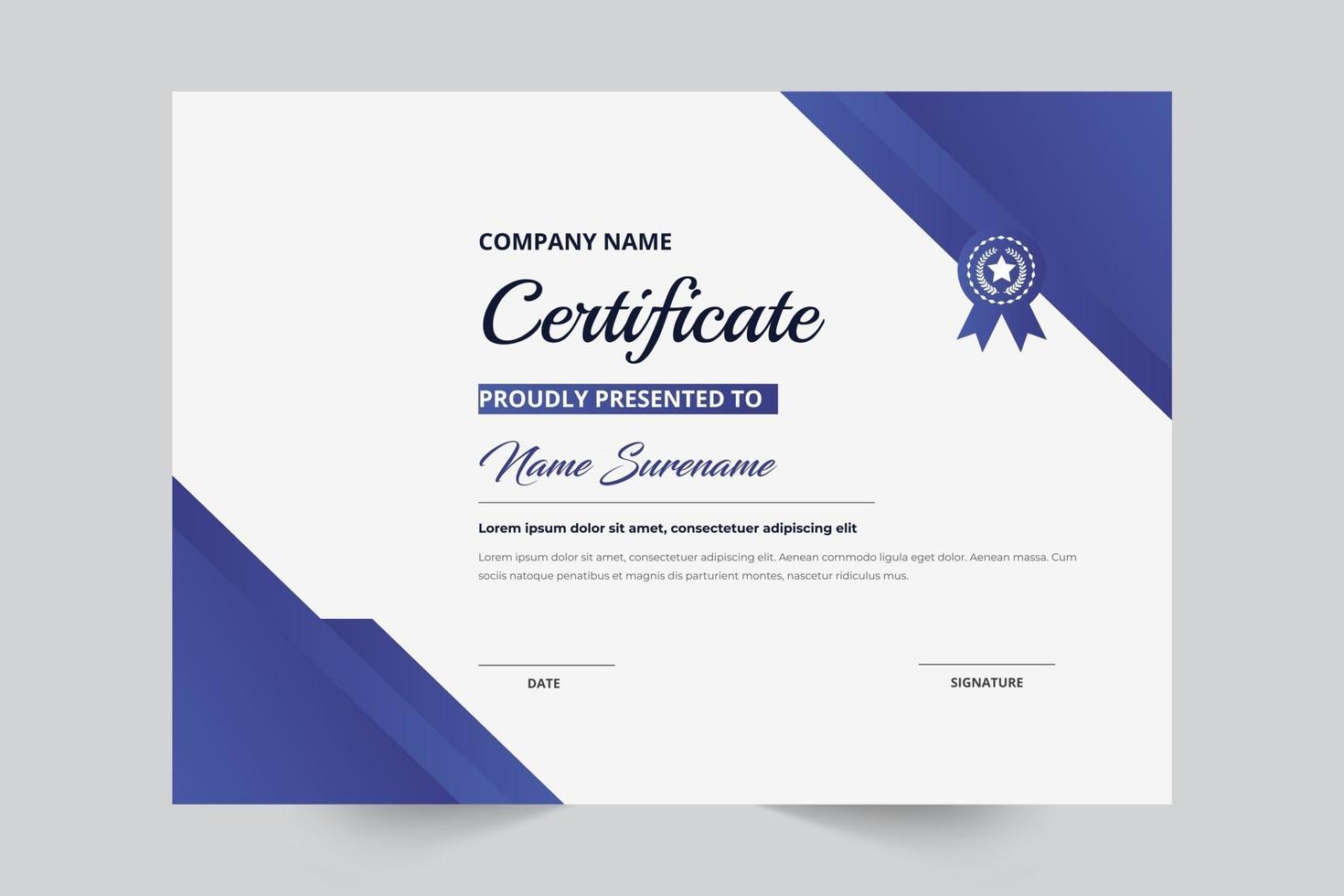 certificado de reconocimiento plantilla color azul forma elegante vector