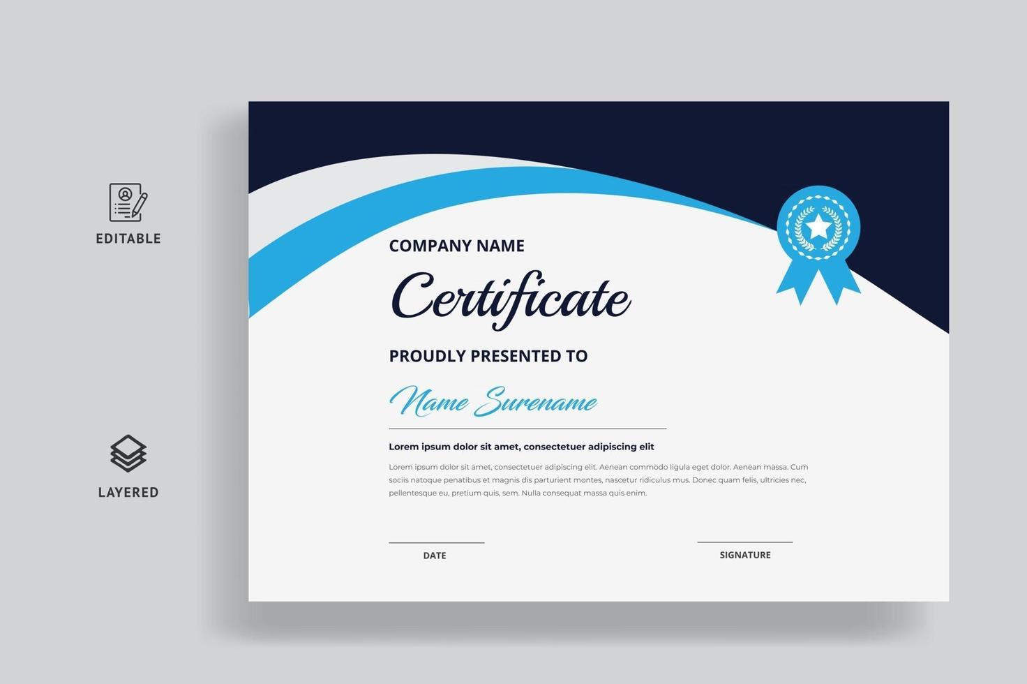 Plantilla de certificado con insignia de lujo y forma moderna de color azul. vector