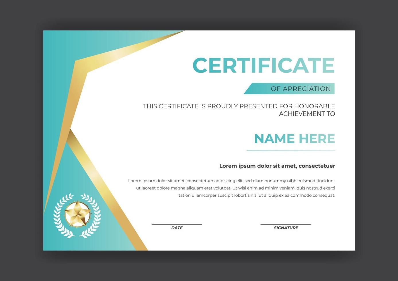 Plantilla de certificado con insignia y diseño moderno de vector de color dorado