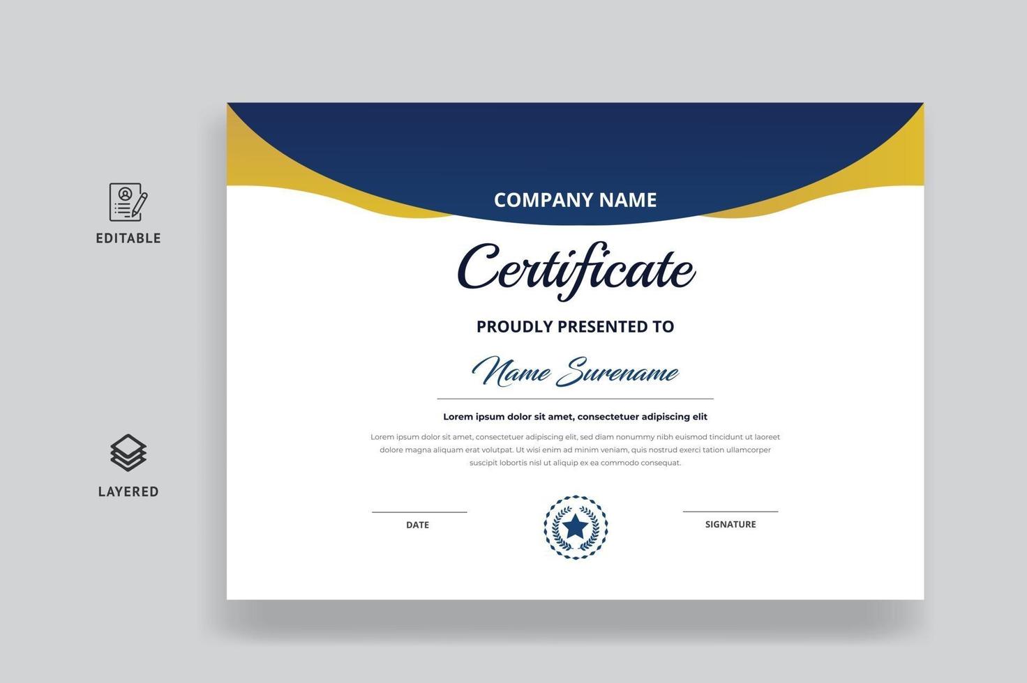 plantilla de certificado de estilo creativo de color azul y dorado vector