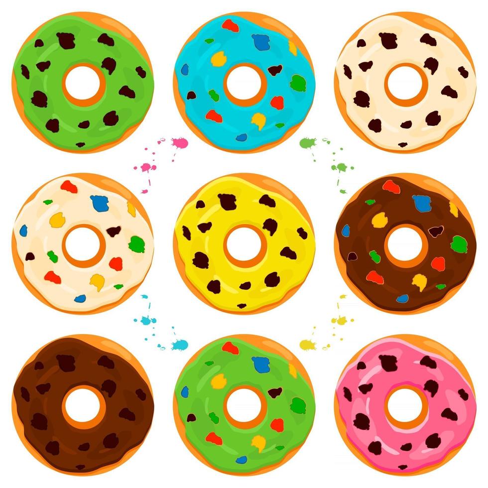 Ilustración sobre el tema del gran conjunto de diferentes tipos de donas adhesivas vector