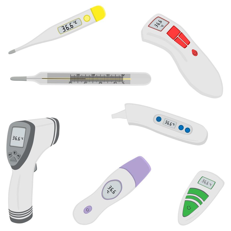 Gran conjunto de colores diferentes tipos de termómetros para hospital. vector