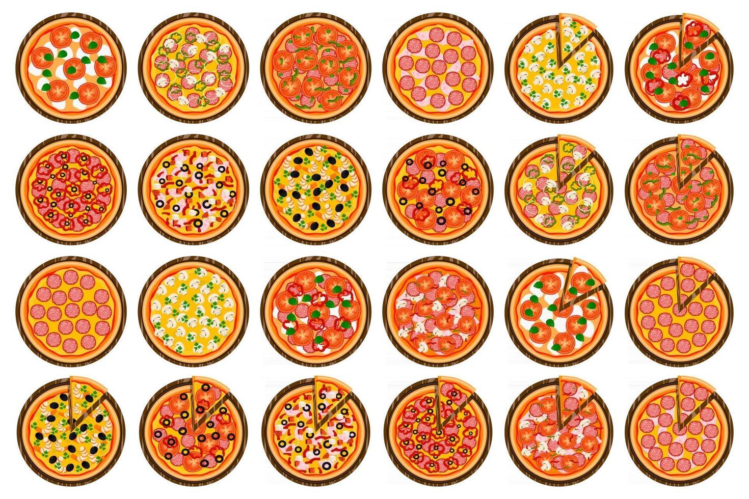 whole round hot pizza, slice triangle to pizzeria menu vector