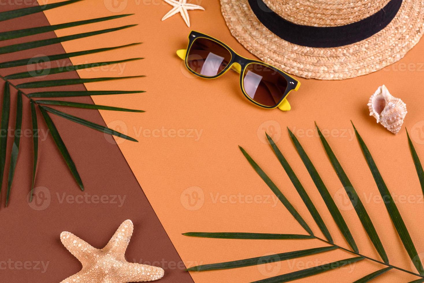 Beach accessories, glasses and hat with shells and sea stars on a colored background. Summer background photo