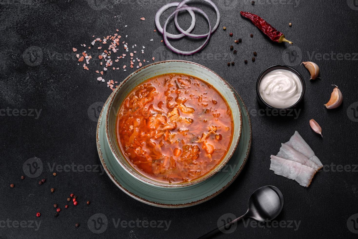 Delicioso borsch caliente con tomate y carne en un plato de cerámica foto