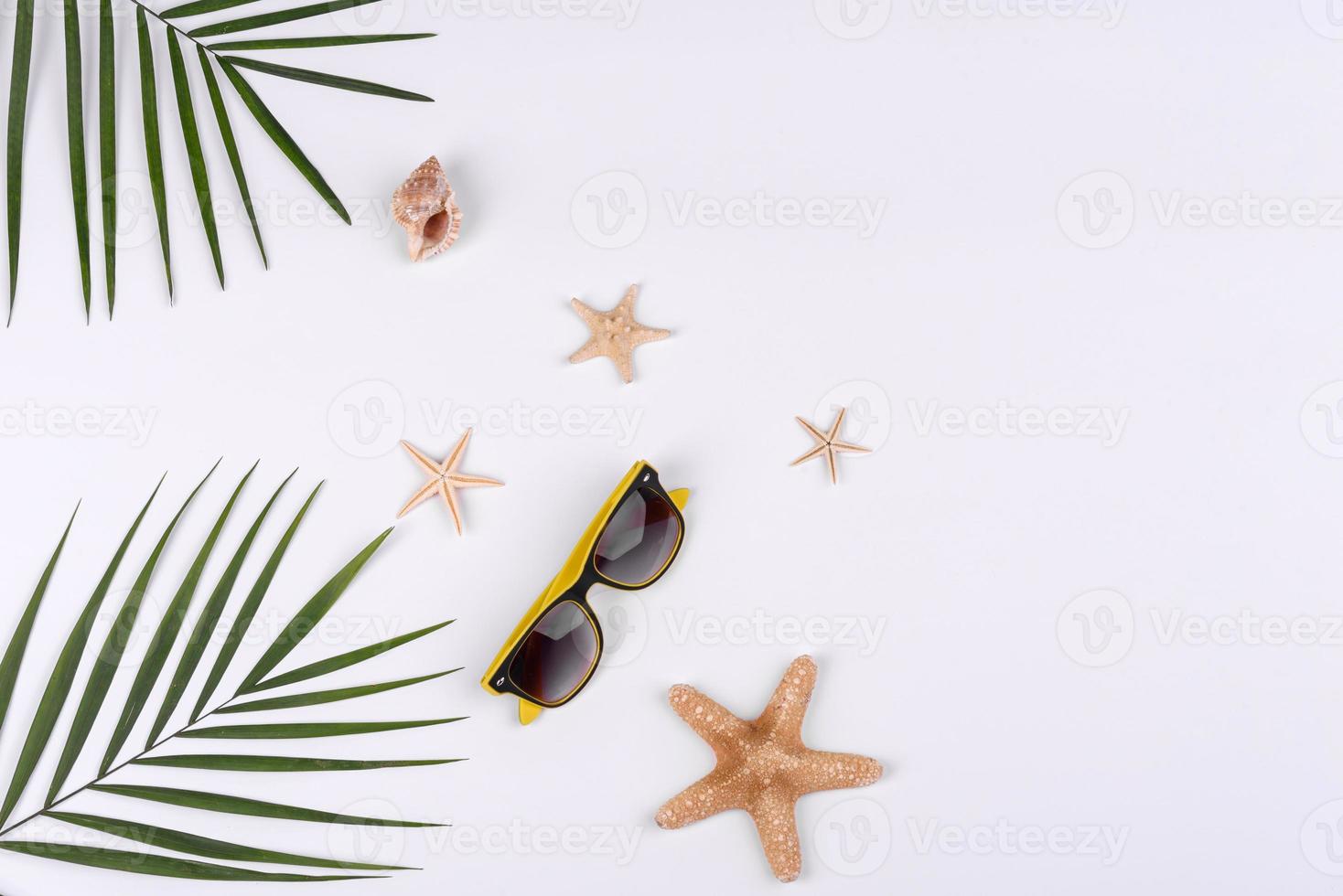 Beach accessories, glasses and hat with shells and sea stars on a colored background photo