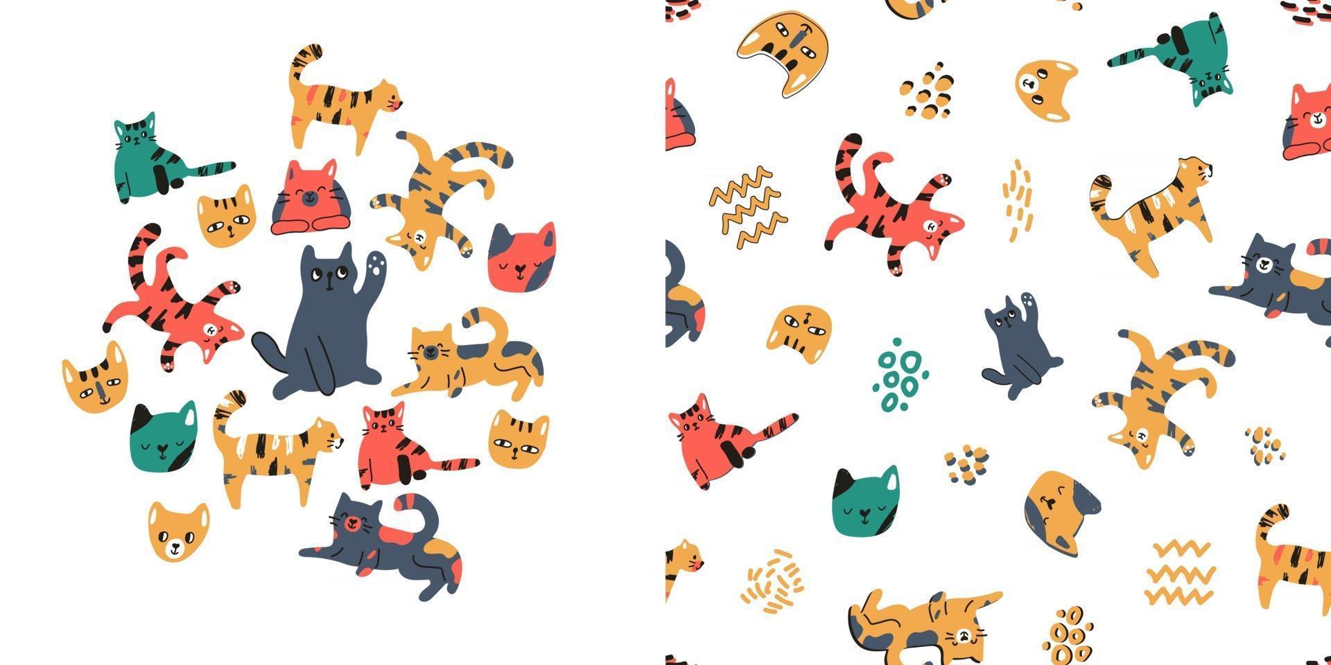 Vector childish hand drawn seamless pattern of cats kittens, concept