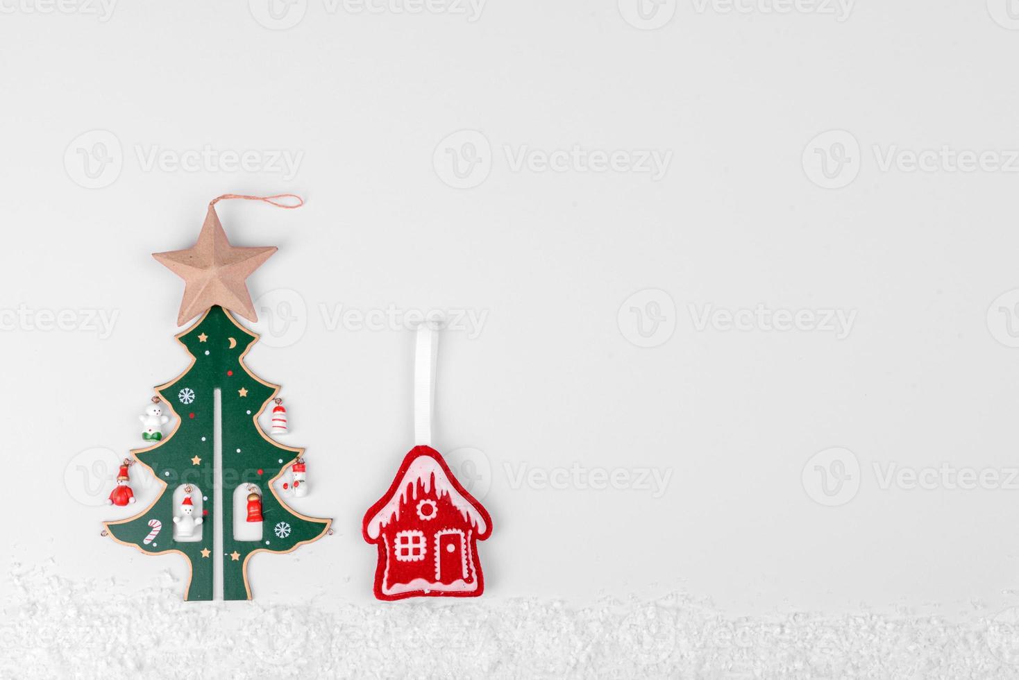 Gifts, fir tree branches, red decorations on white background photo