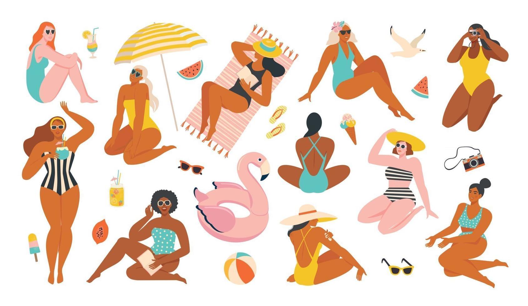 Ilustración de verano de mujeres descansando y frutas y junto al mar. vector