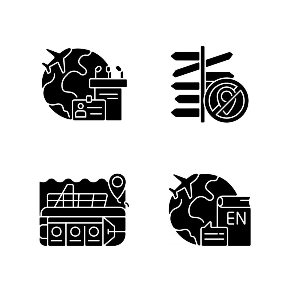 Categories of travel black glyph icons set on white space vector