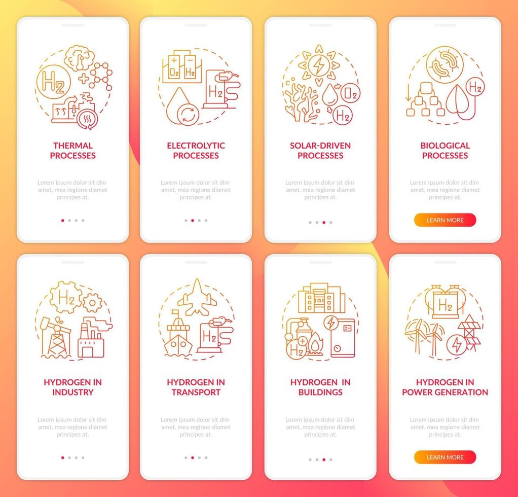 Hydrogen generation onboarding mobile app page screens set vector