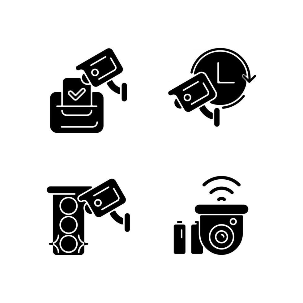 Surveillance system black glyph icons set on white space vector